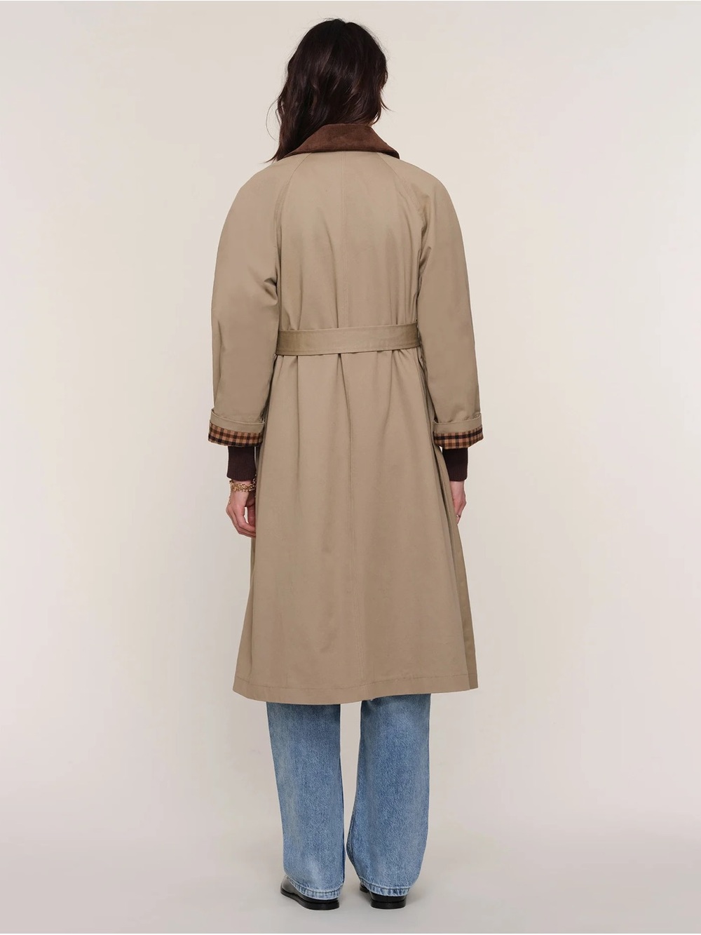 HEARTLOOM Khaki Single-Breasted Belted Trench Coat with Corduroy & Plaid Detail - Picture 3 of 12